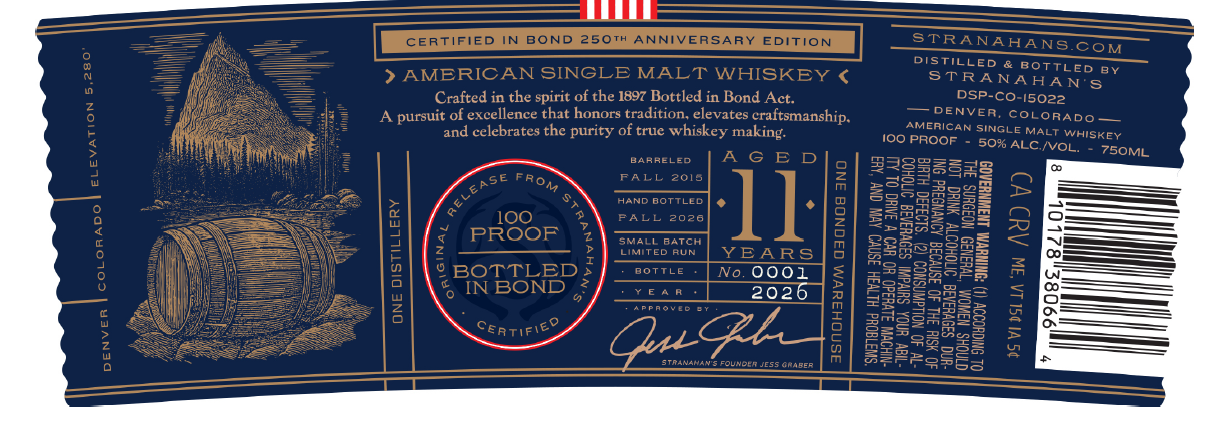 TABC label artwork for Stranahan's Bottled in Bond