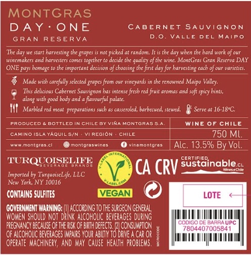 TABC label artwork for Montgras Gran Reserva Day One 2024 Cabernet Sauvignon