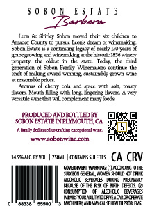 TABC label artwork for Sobon Estate Barbera Amador