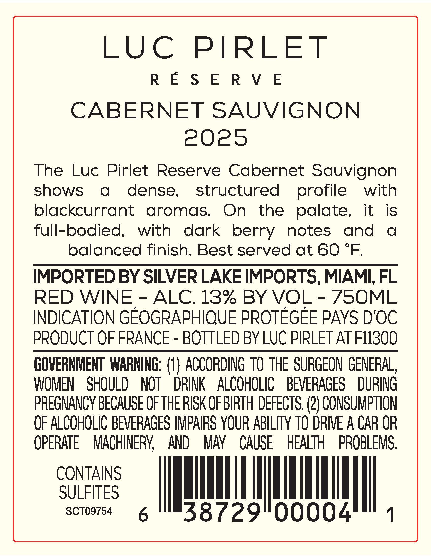 TABC label artwork for Luc Pirlet Reserve Cabernet Sauvignon 2025