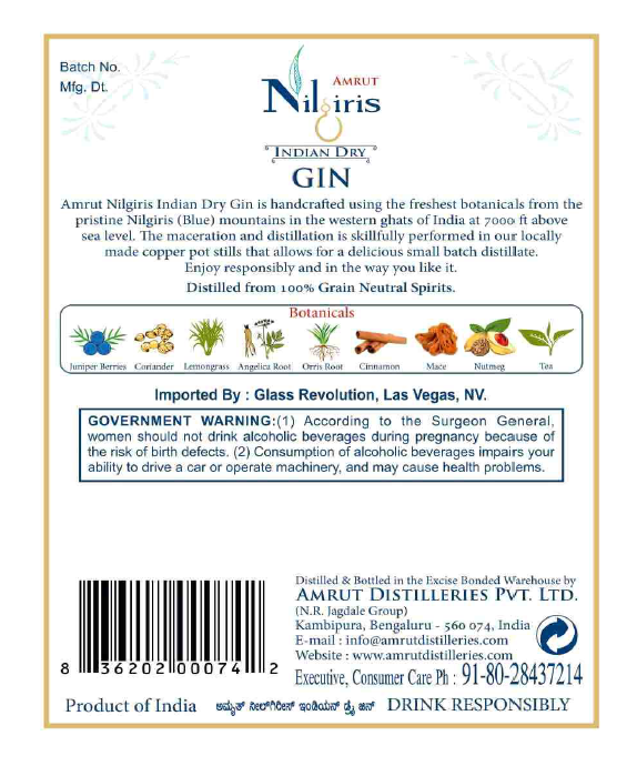 TABC label artwork for Amrut Nilgiris Gin