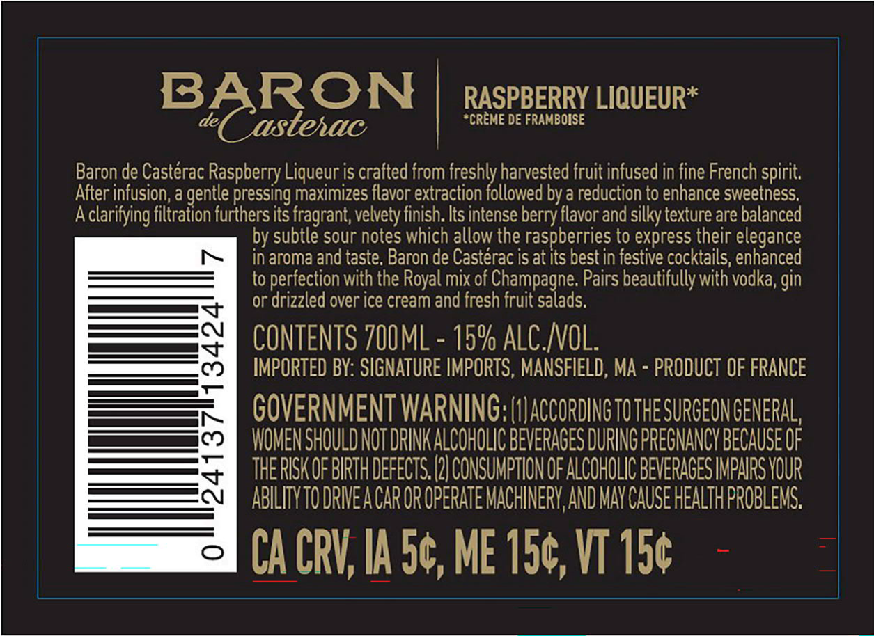 TABC label artwork for Baron De Casterac Liqueur