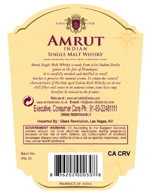 TABC label artwork for Amrut Indian Single Malt Whisky