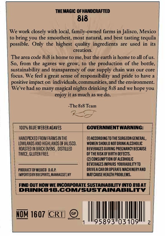 TABC label artwork for 818 Reposado Tequila