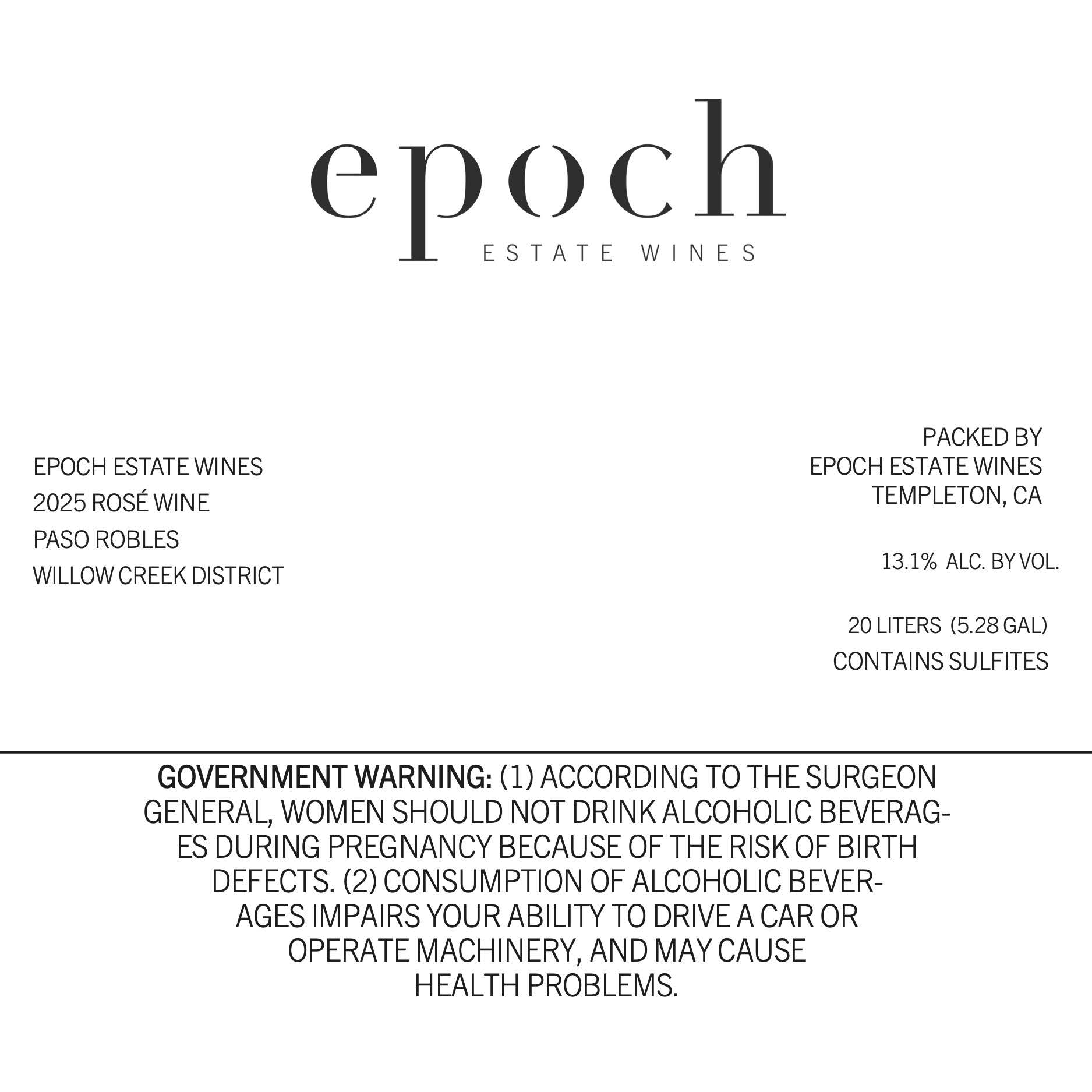 TABC label artwork for Epoch Estate Wines Rosé Wine Paso Robles Willow Creek District