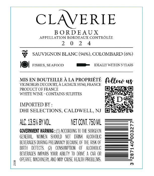 TABC label artwork for Claverie Bordeaux Blanc