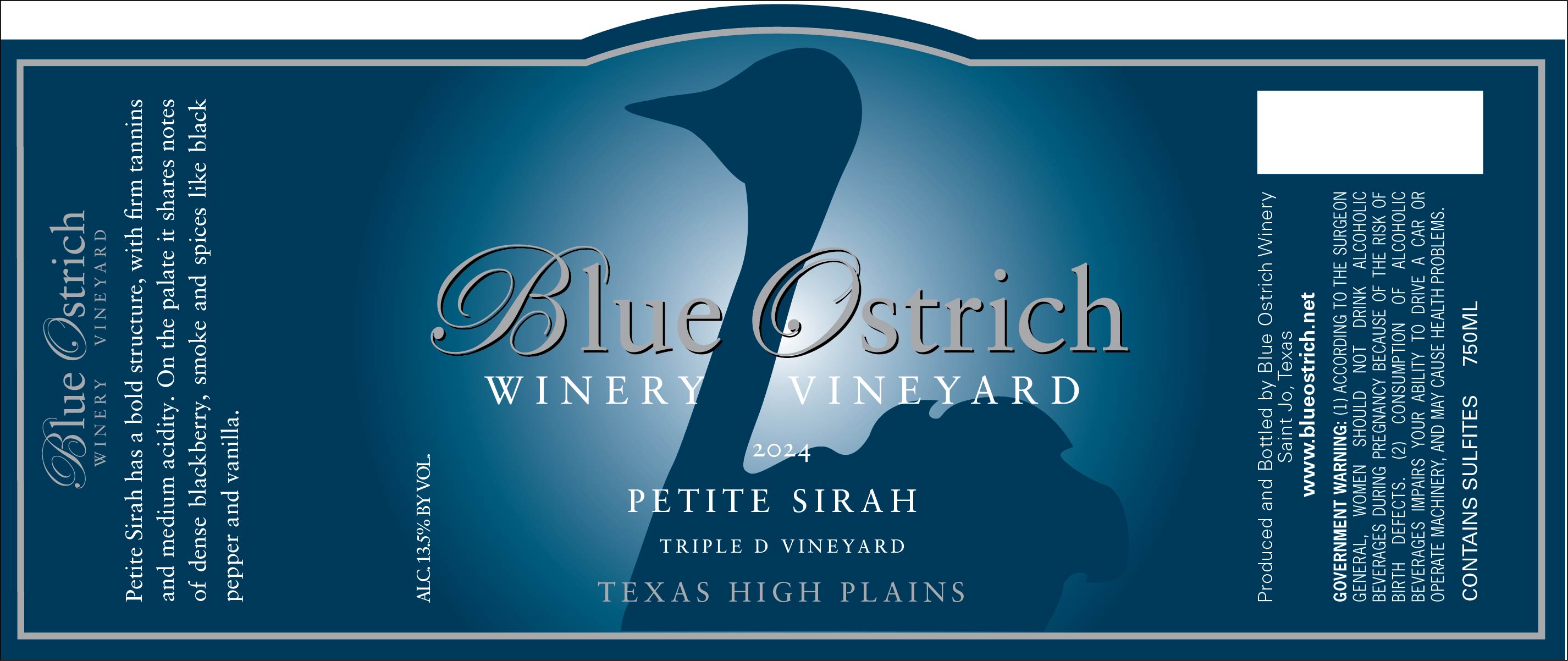 TABC label artwork for Blue Ostrich Petite Sirah