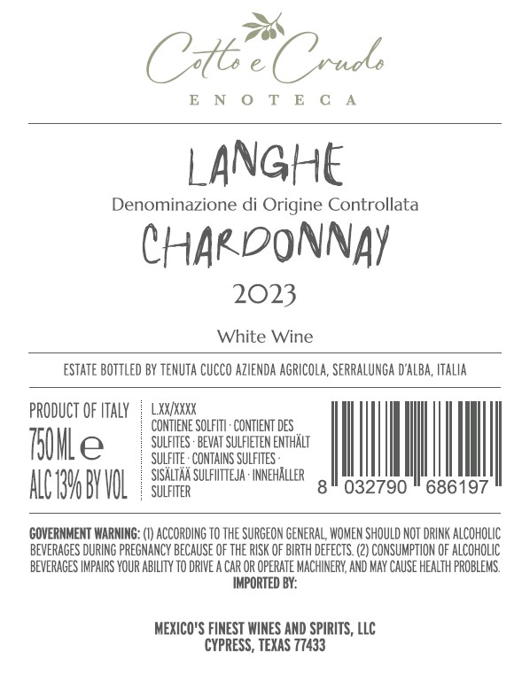 TABC label artwork for Cotto e Crudo Chardonnay