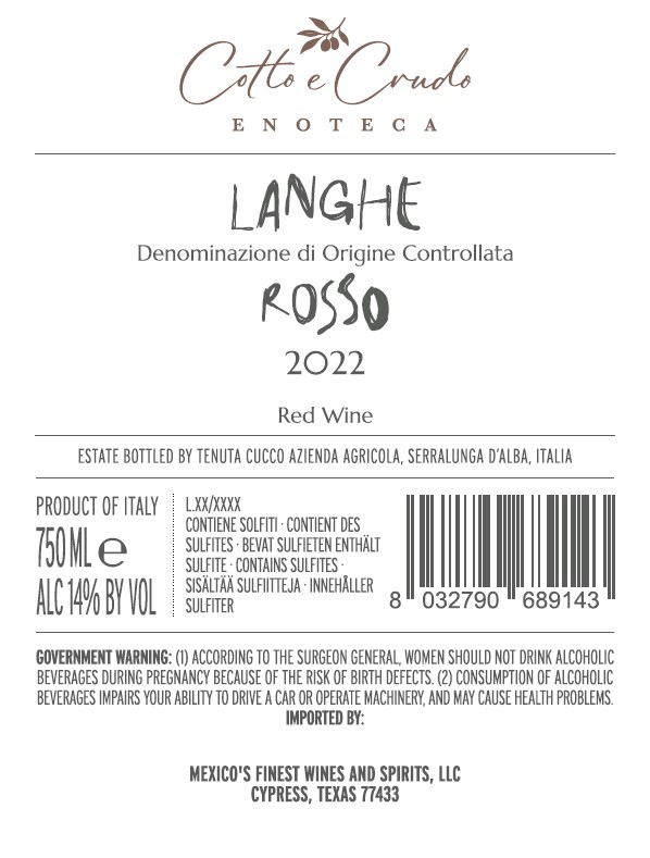 TABC label artwork for Cotto e Crudo Rosso Langhe
