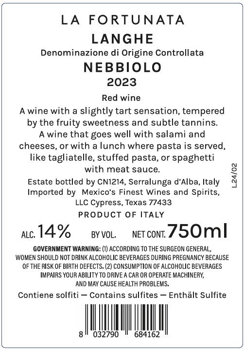 TABC label artwork for La Fortunata Langhe