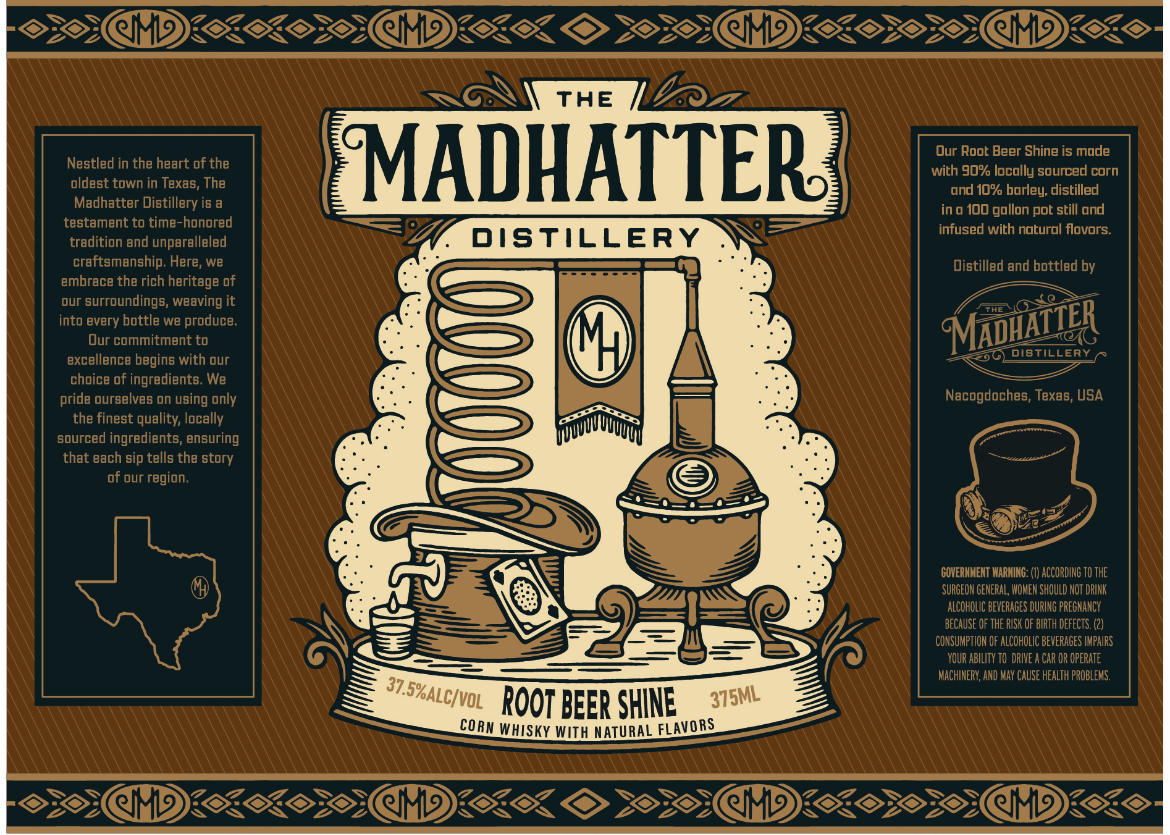TABC label artwork for The Madhatter Distillery Rootbeer Shine