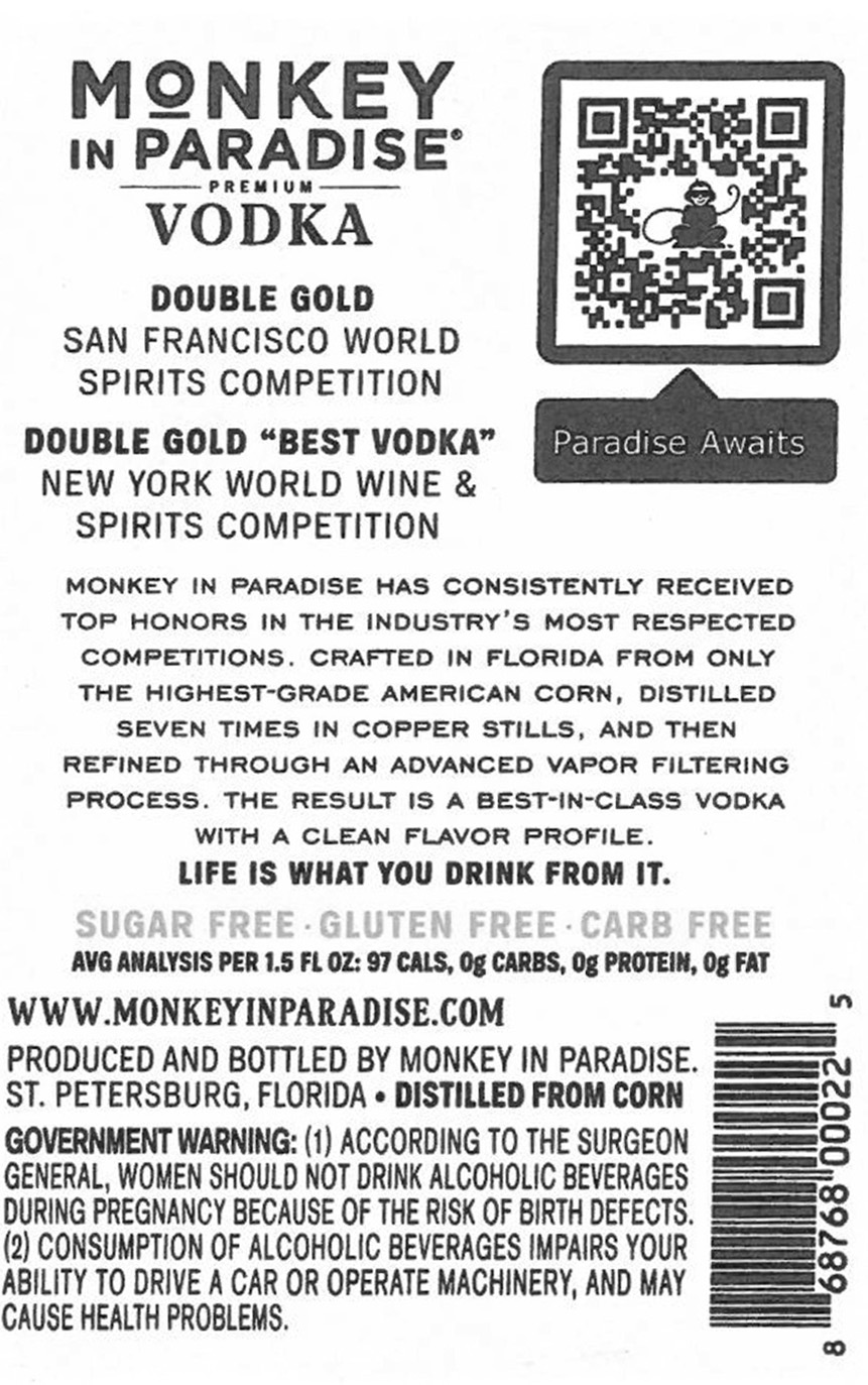 TABC label artwork for Monkey in Paradise Vodka