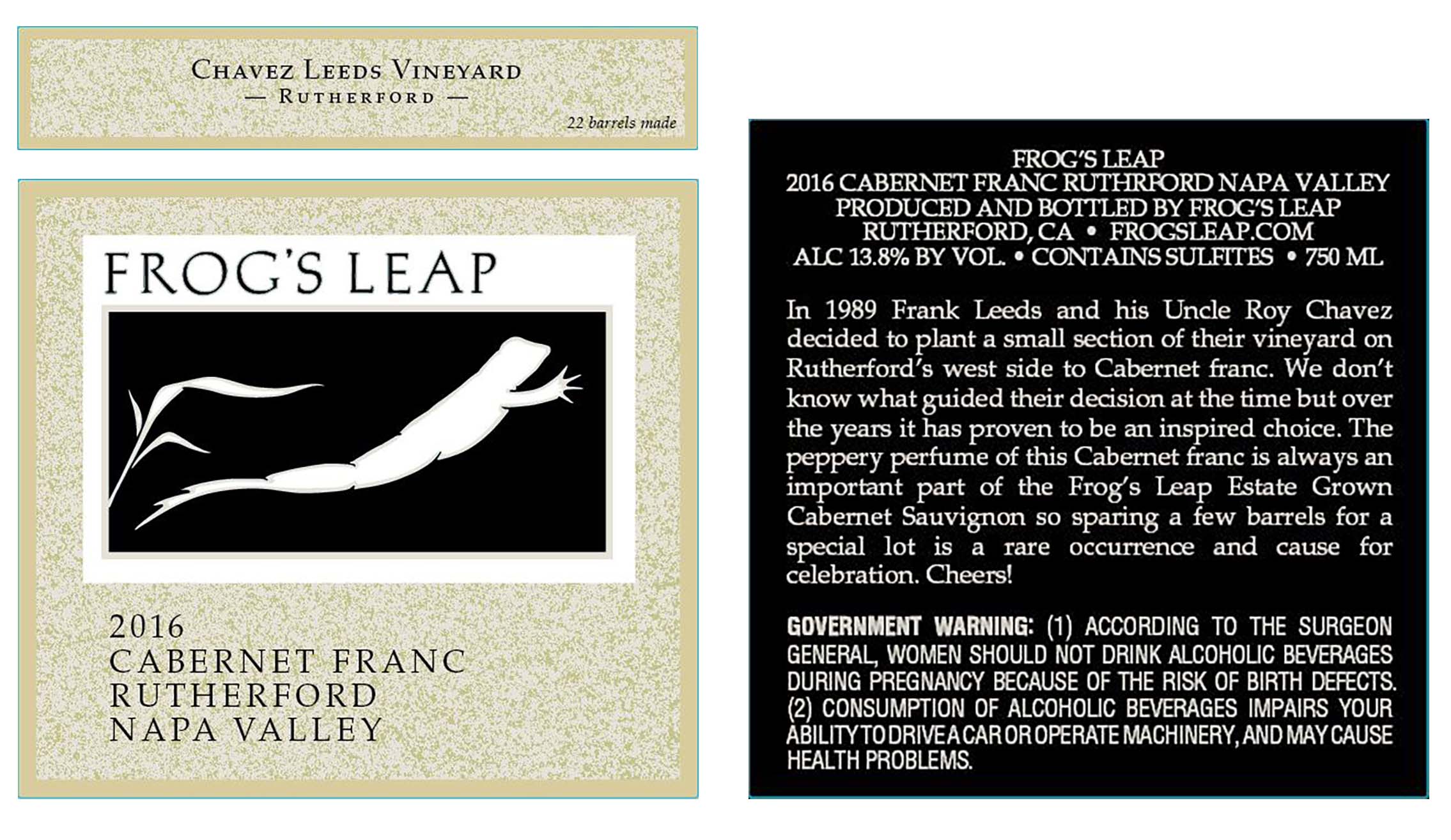 TABC label artwork for Frog's Leap Cabernet Franc Chavez Leeds Vineyard Napa Valley, Rutherford