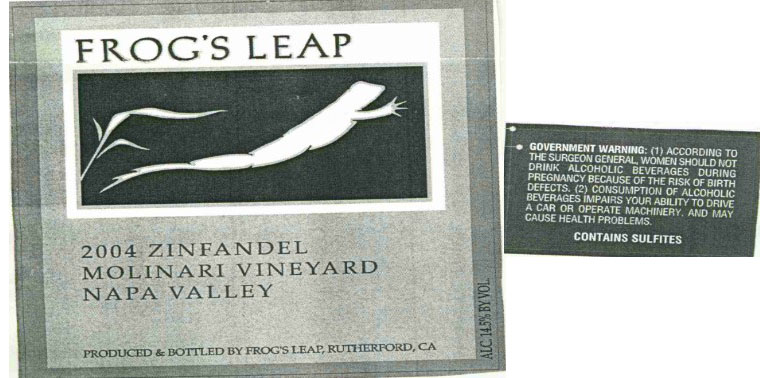 TABC label artwork for Frog's Leap Zinfandel 2004