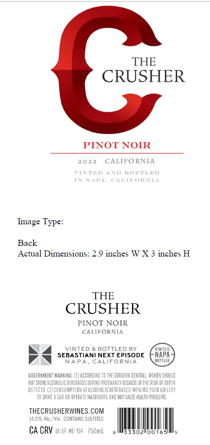 TABC label artwork for The Crusher Pinot Noir
