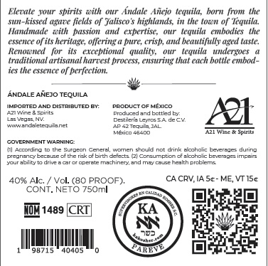 TABC label artwork for Ándale Luxury Añejo Tequila