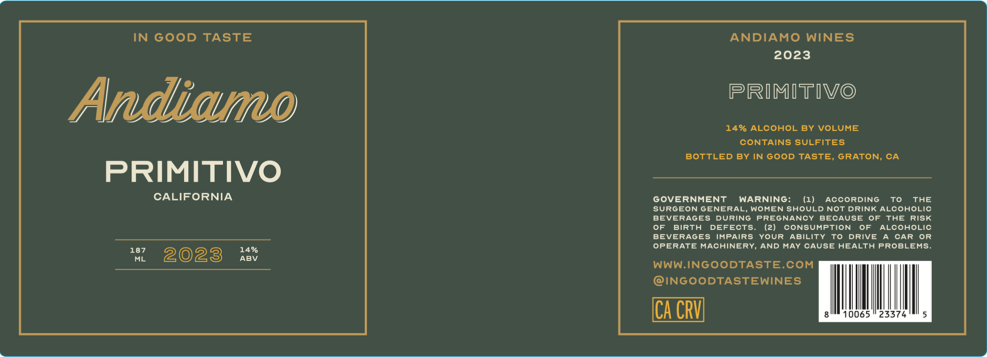 TABC label artwork for ANDIAMO PRIMITIVO