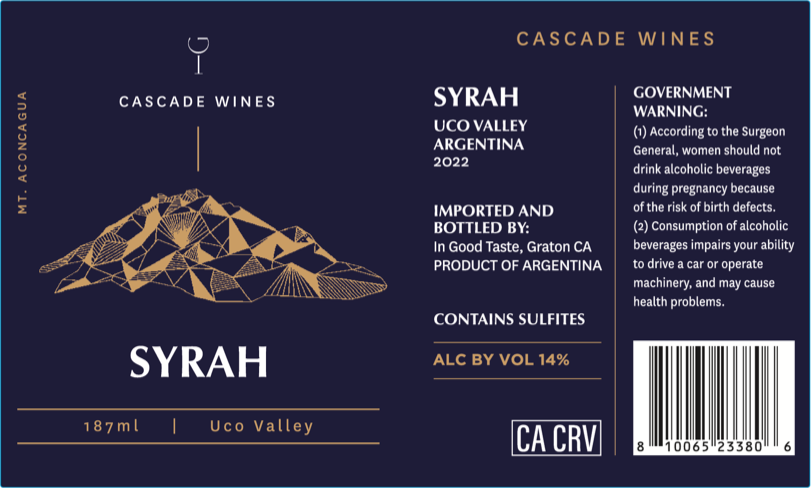 TABC label artwork for CASCADE WINES SYRAH UCO VALLEY