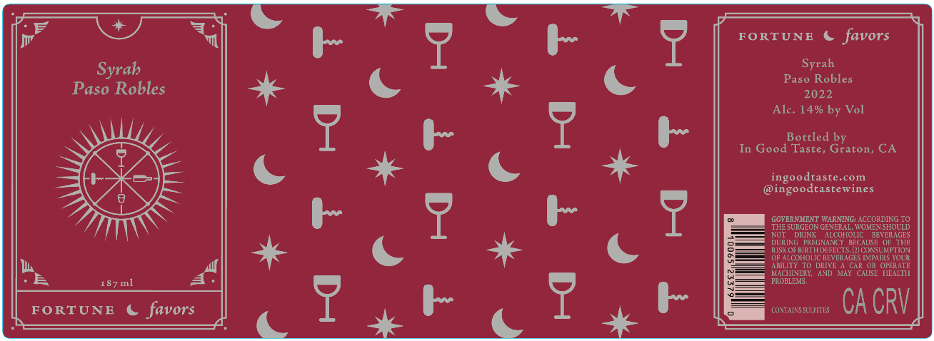TABC label artwork for FORTUNE FAVORS SYRAH PASO ROBLES