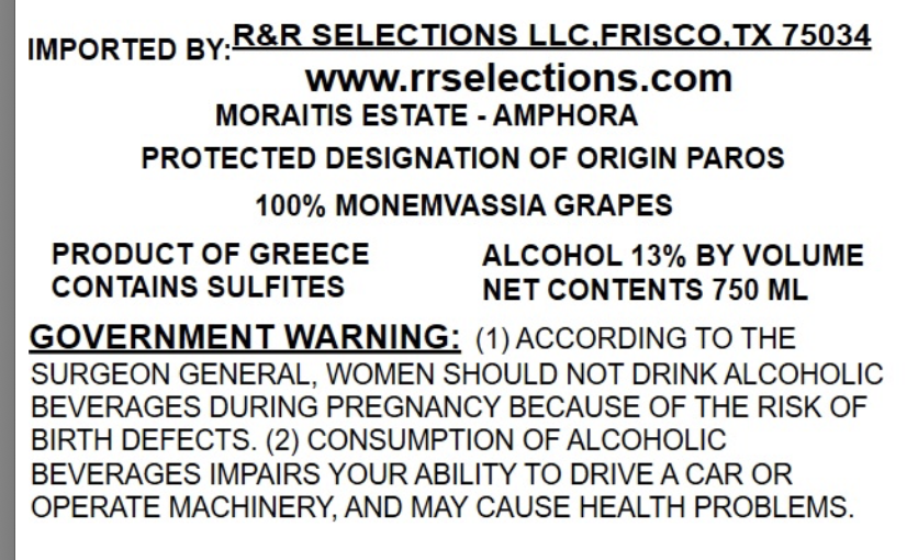 TABC label artwork for MORAITIS ESTATE AMPHORA