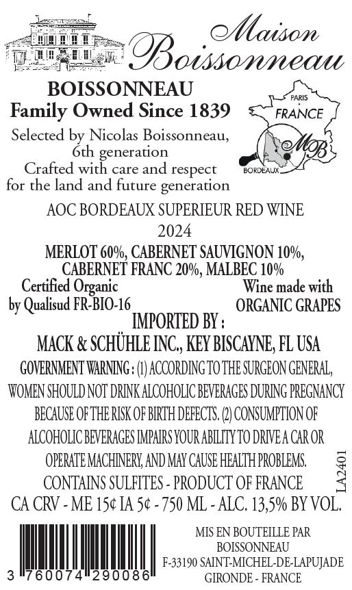 TABC label artwork for Maison Boissonneau Bordeaux Superieur