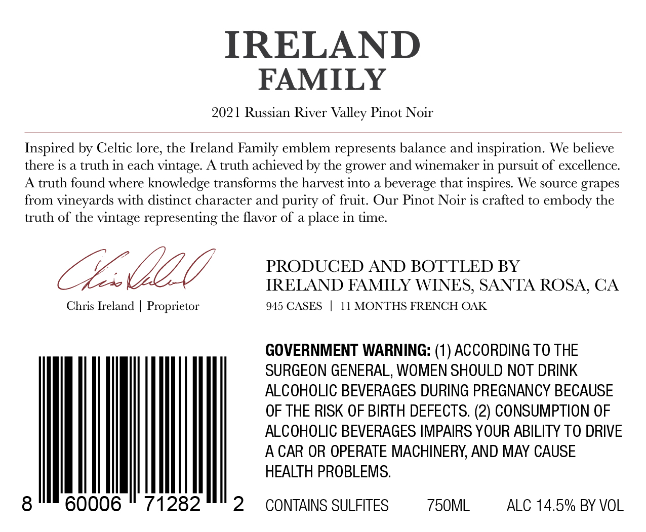 TABC label artwork for Ireland Family Russian River Pinot Noir