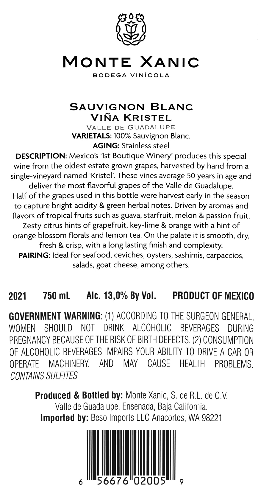 TABC label artwork for Monte Xanic Viña Kristel Sauvignon Blanc