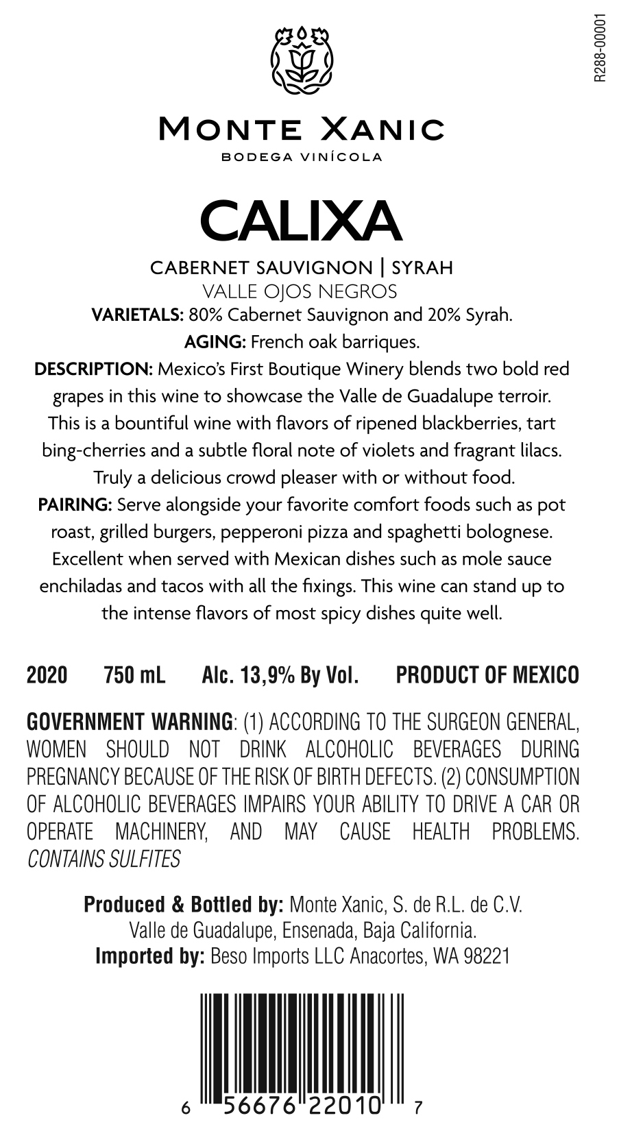TABC label artwork for Monte Xanic Calixa Cabernet Sauvignon Syrah