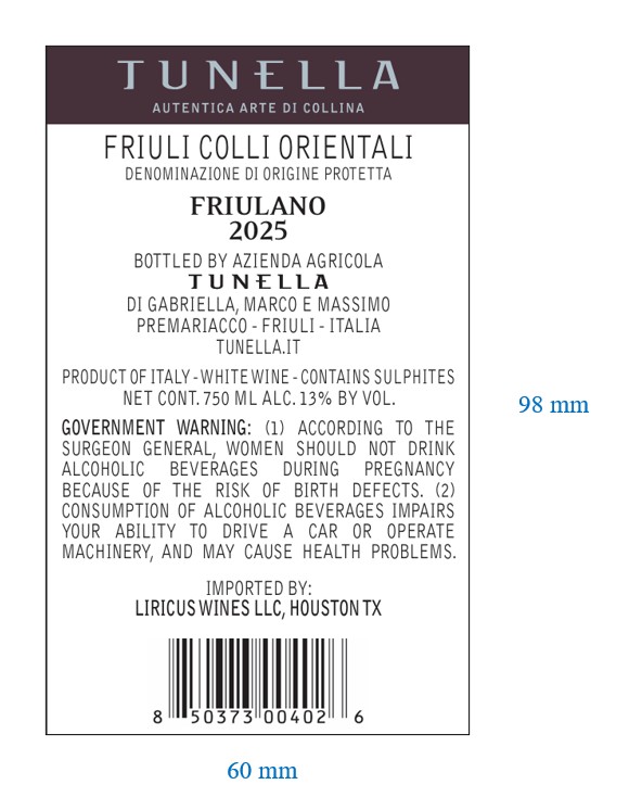 TABC label artwork for TUNELLA FRIULIANO FRIULI COLLI ORIENTALI