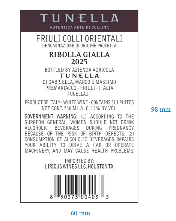 TABC label artwork for TUNELLA RIBOLLA GIALLA FRIULI COLLI ORIENTALI