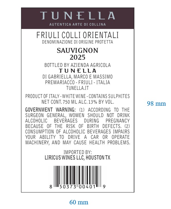 TABC label artwork for TUNELLA SAUVIGNON FRIULI COLLI ORIENTALI