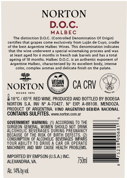 TABC label artwork for NORTON D.O.C. MALBEC