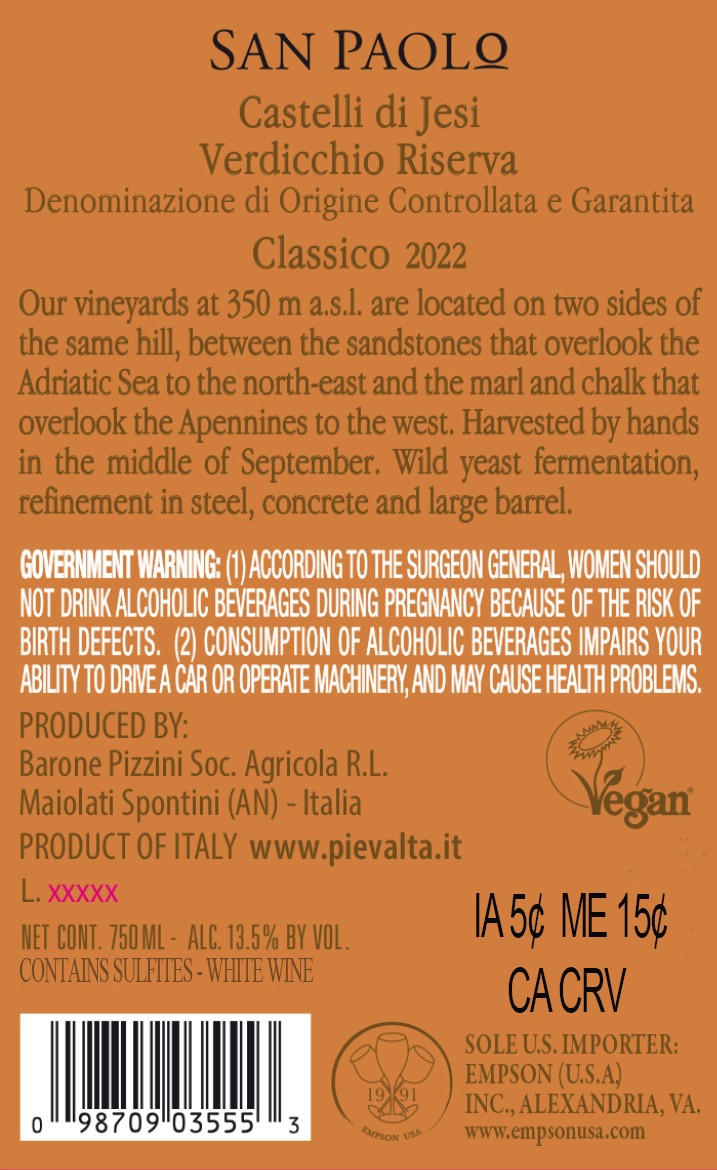 TABC label artwork for PIEVALTA SAN PAOLO VERDICCHIO