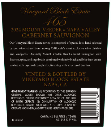 TABC label artwork for Vineyard Block Estate Block 465 Cabernet Sauvignon Mt Veeder