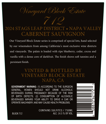TABC label artwork for Vineyard Block Estate Block 712 Cabernet Sauvignon Stags Leap District