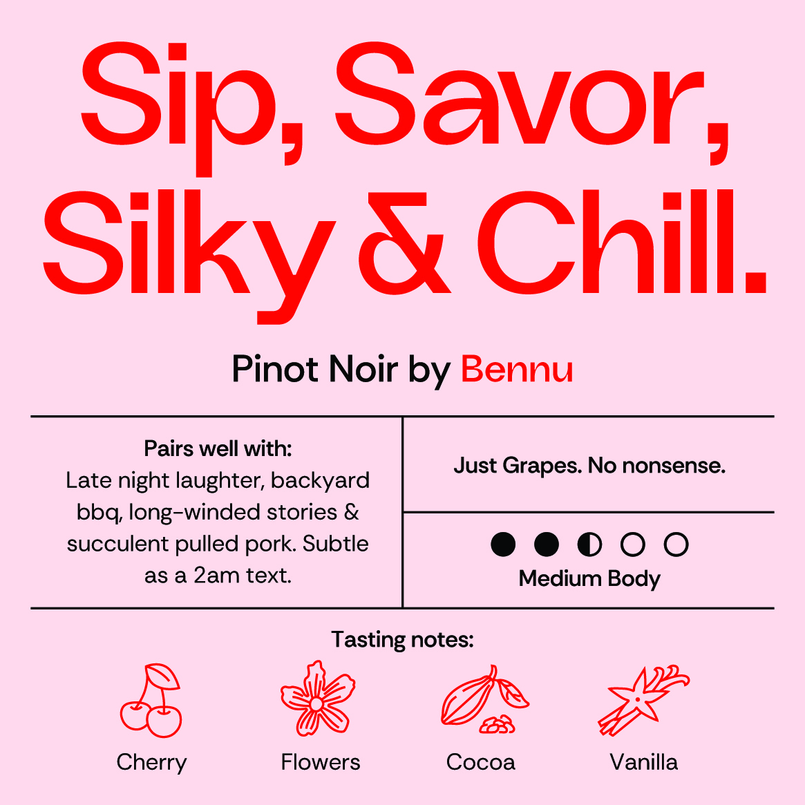 TABC label artwork for Bennu Sip, Savor, Silky, and Chill