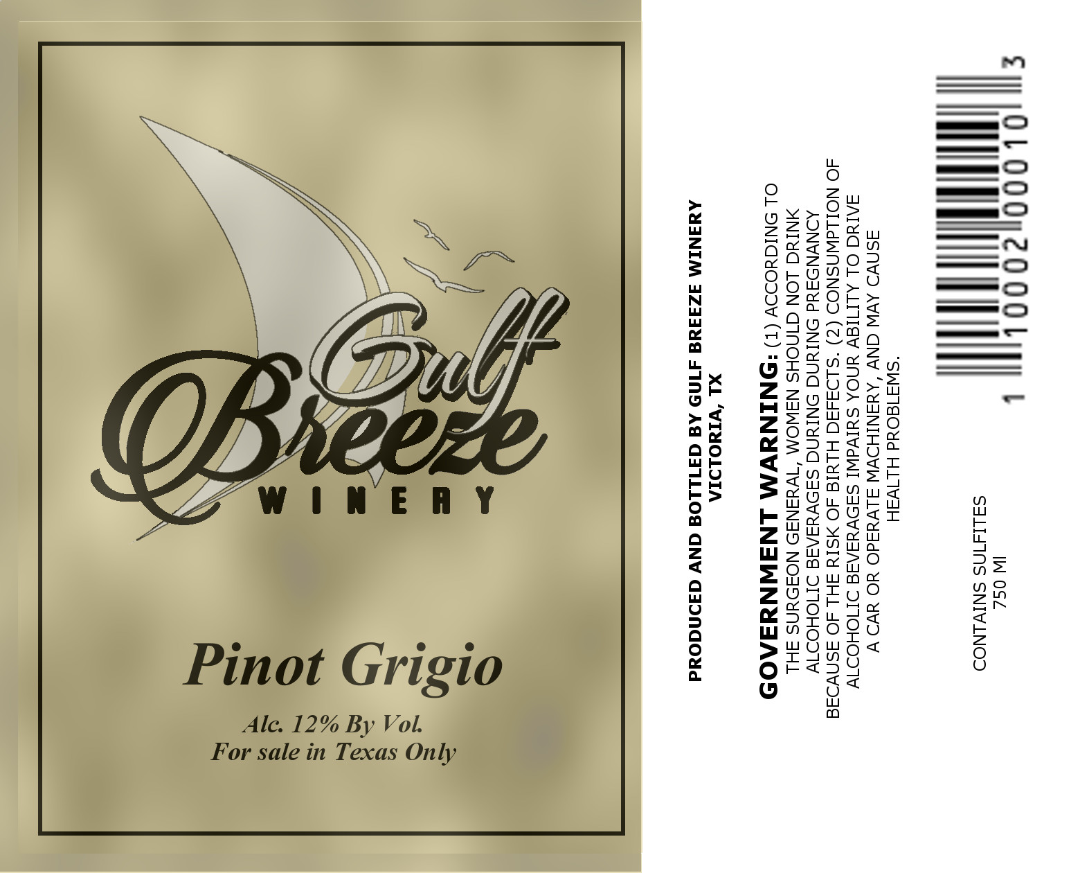 TABC label artwork for Gulf Breeze Winery Pinot Grigio