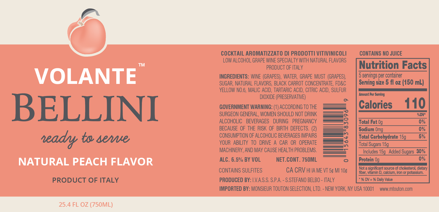 TABC label artwork for VOLANTE BELLINI NATURAL PEACH FLAVOR