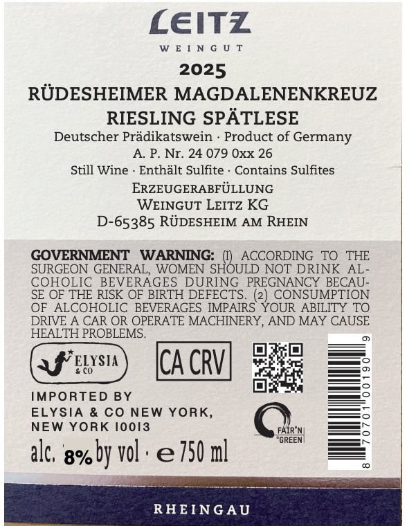 TABC label artwork for Weingut Leitz, Riesling Spatlese Magdalenenkreuz