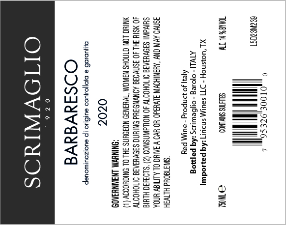 TABC label artwork for SCRIMIGLIO BARBARESCO