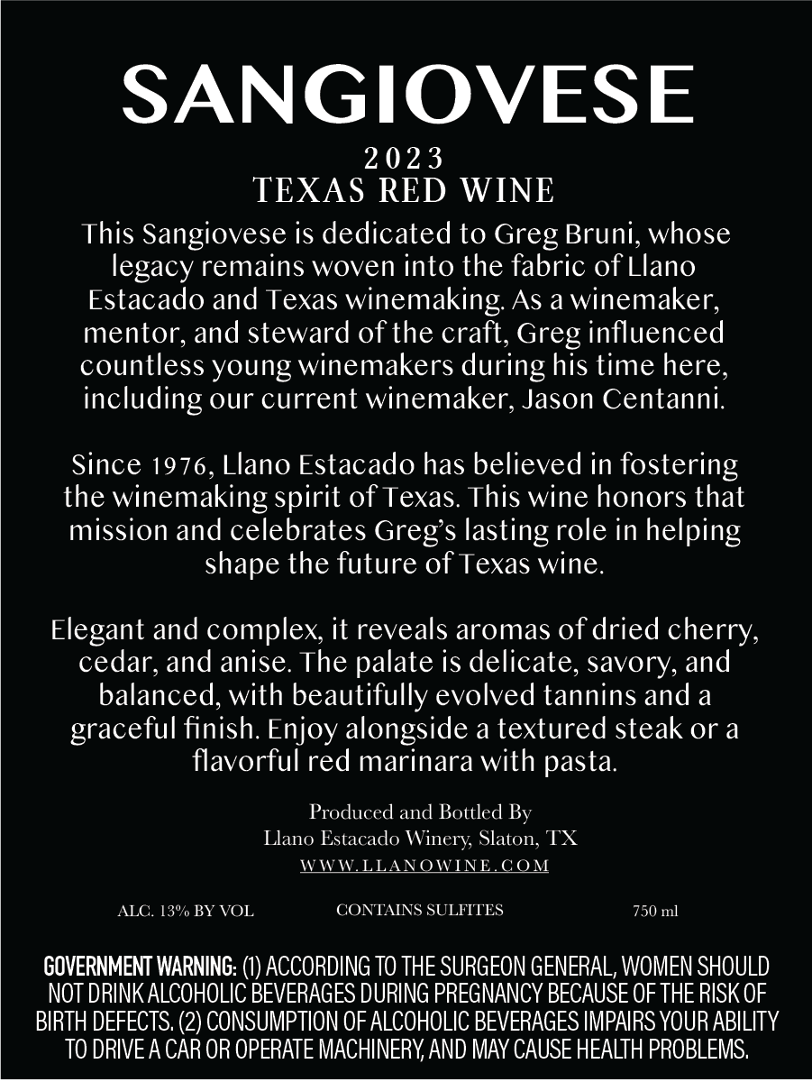 TABC label artwork for LLANO ESTACADO GREG BRUNI SANGIOVESE