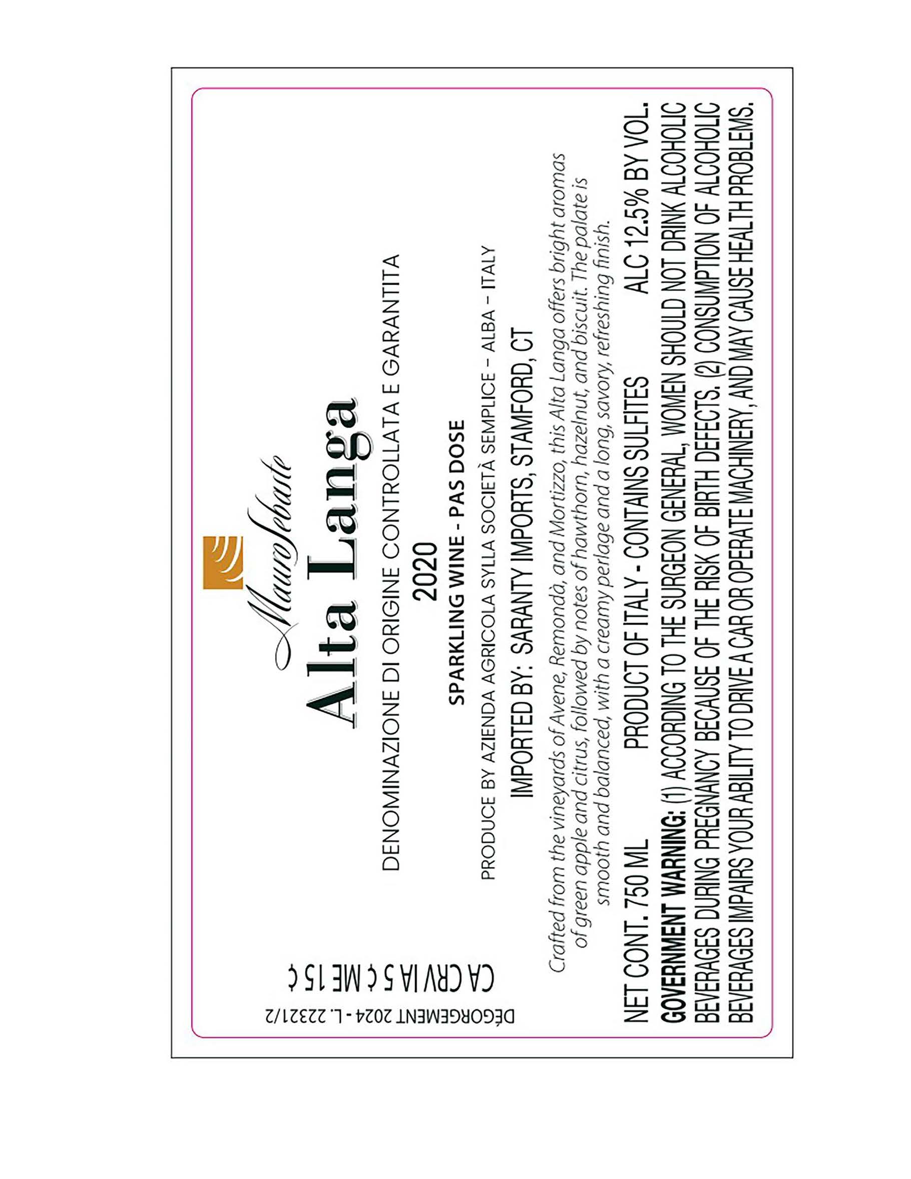 TABC label artwork for Mauro Sebaste Alta Langhe