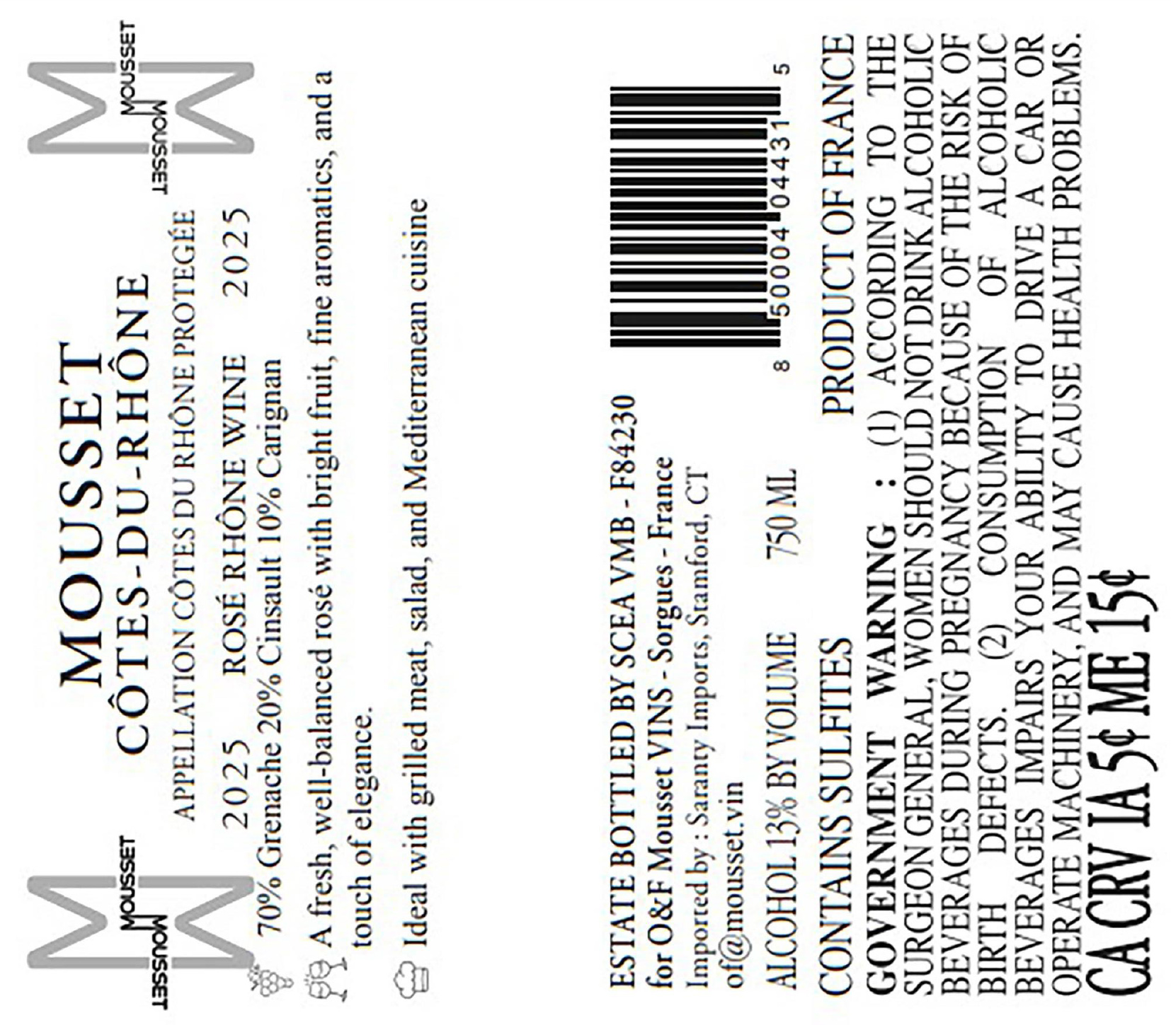 TABC label artwork for Mousset Cotes Du Rhone Rose