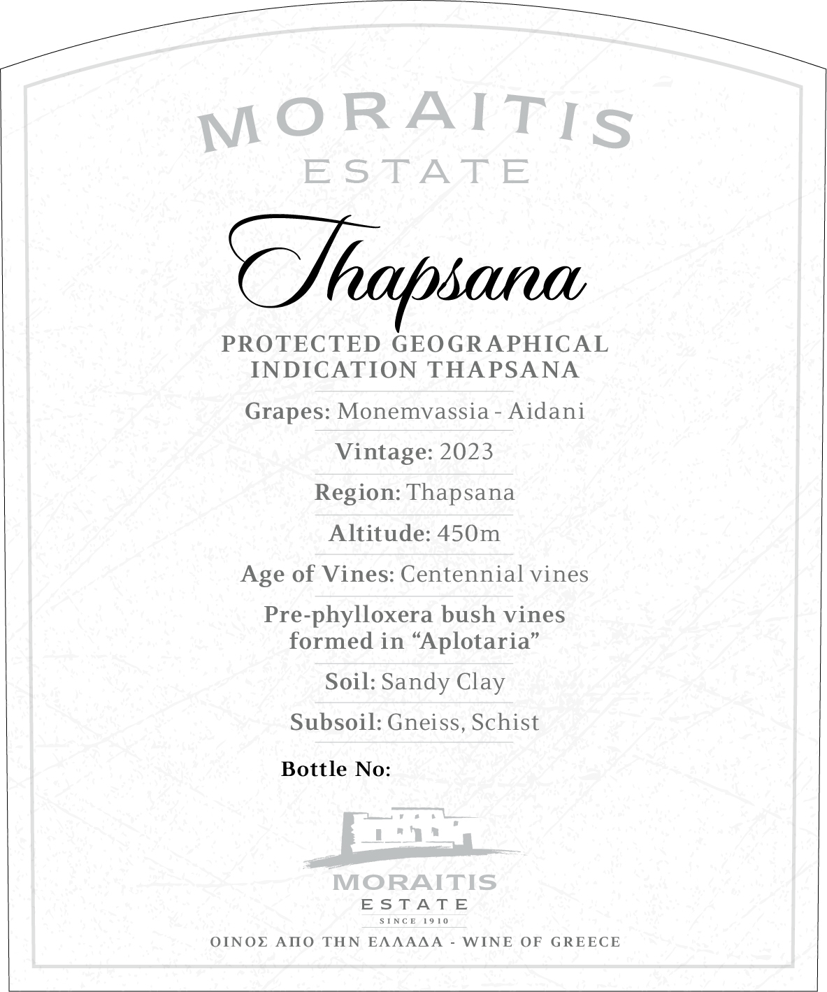 TABC label artwork for MORAITIS ESTATE THAPSANA