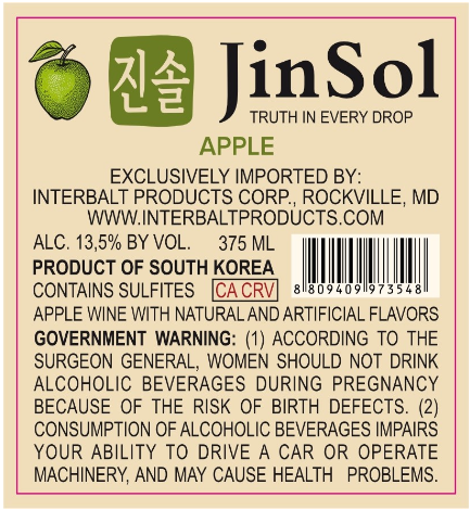 TABC label artwork for JinSol Korean Soju, APPLE