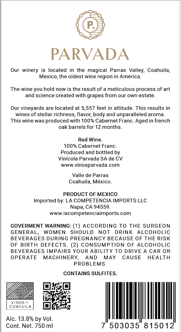TABC label artwork for Parvada Cabernet Franc