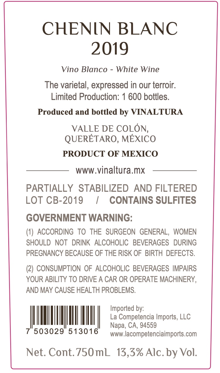 TABC label artwork for Vinaltura Chenin Blanc