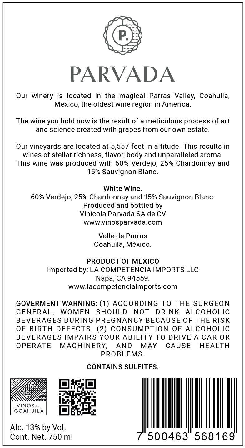 TABC label artwork for Parvada Blanco