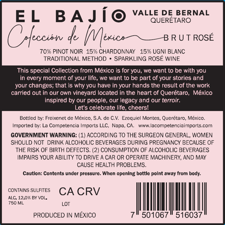 TABC label artwork for El Bajio Coleccion de Mexico Sparkling Brut Rose