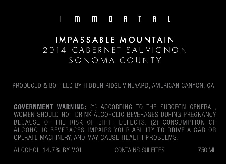 TABC label artwork for Immortal Impassable Mountain Cabernet Sauvignon